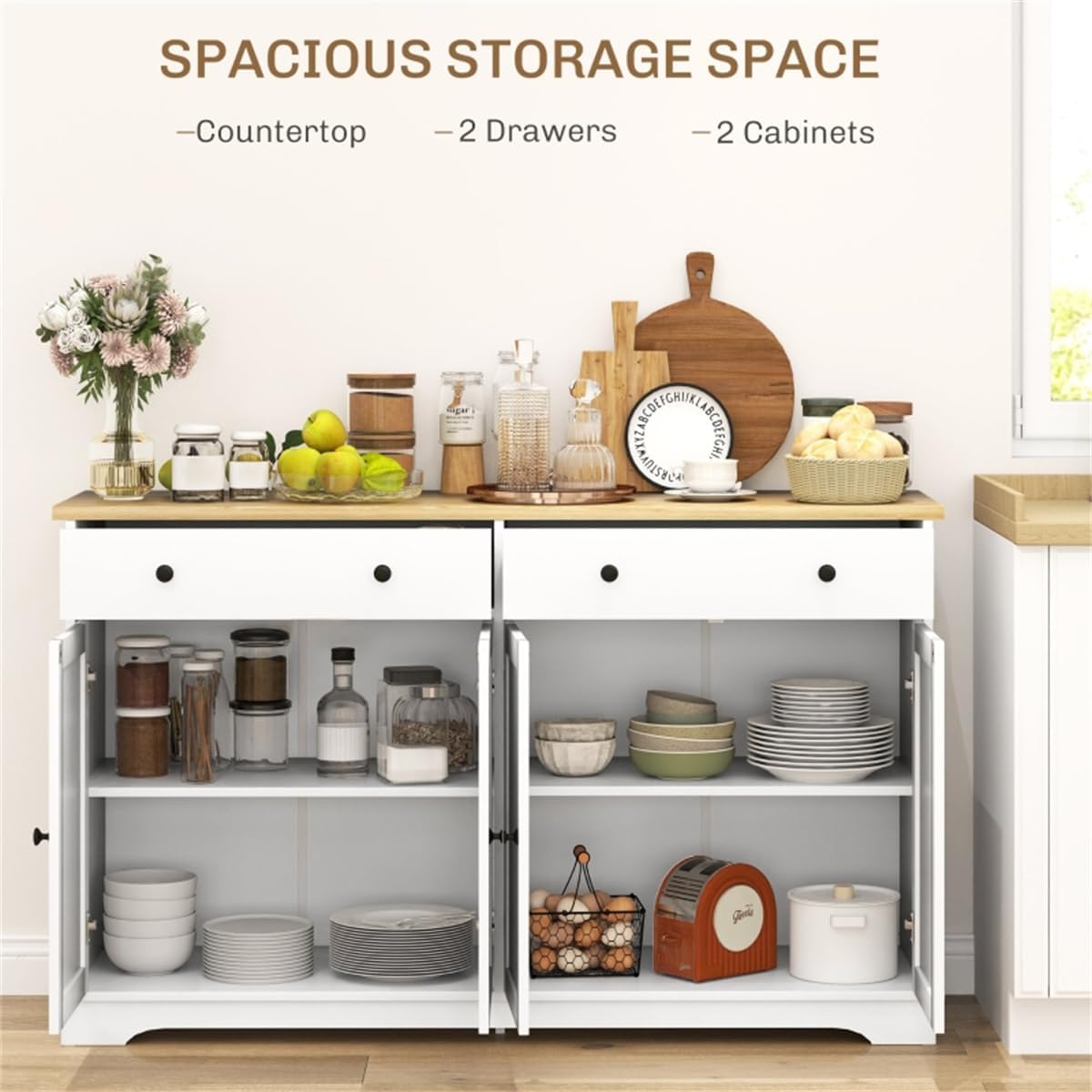 lapday Kitchen Cabinet with 2 Spacious Drawers,2 Doors,3-Level Adjustable Shelf(55.1" W x 15.7" D x 33.5" H). (White)