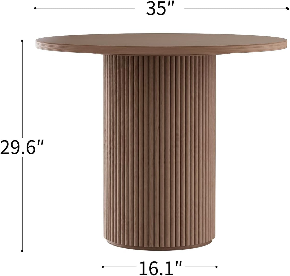 Modern Round Pedestal Dining Table with Solid Wood Base, 35'' Fluted Walnut Table for Kitchen or Small Dining Space