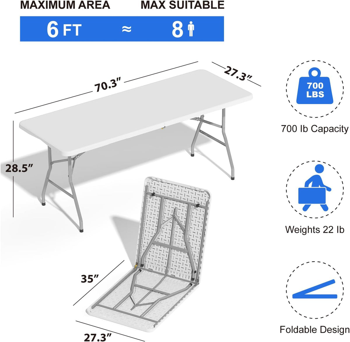 4 Pack Foldable Table 6ft, Plastic Folding Table, Portable Heavy Duty Dining Table with Lock Function & Carrying Handle, Outdoor Indoor Foldable White Table for Camping Party Picnic