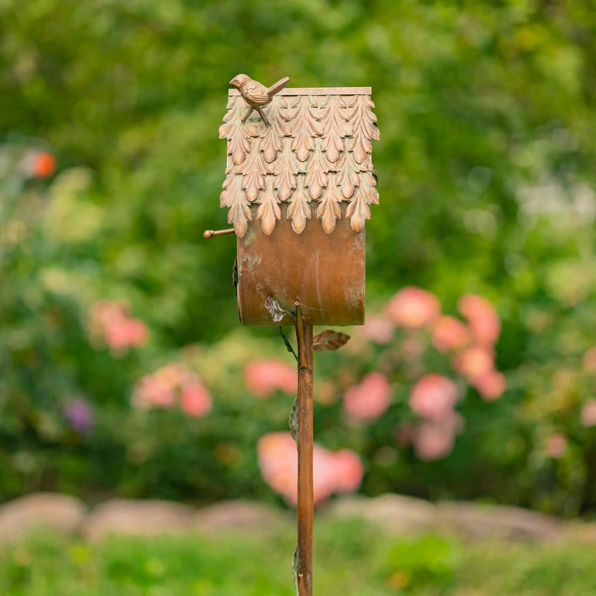 Copper Color Bird House Garden Stake with Ornate Style Roof (Round Bottom)