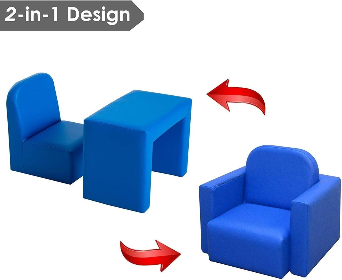 2-in-1 Multifunctional Convertible Kids Table and Chair Set Blue Modern Contemporary Plastic Cushioned Seat