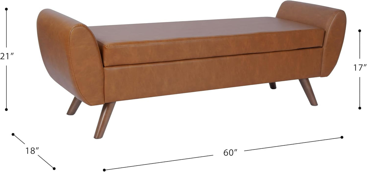 HomePop Modern Storage Bench with Wood Legs |Homepop Home Décor|Bench with Storage for Living Room & Bedroom - Cognac Brown Faux Leather