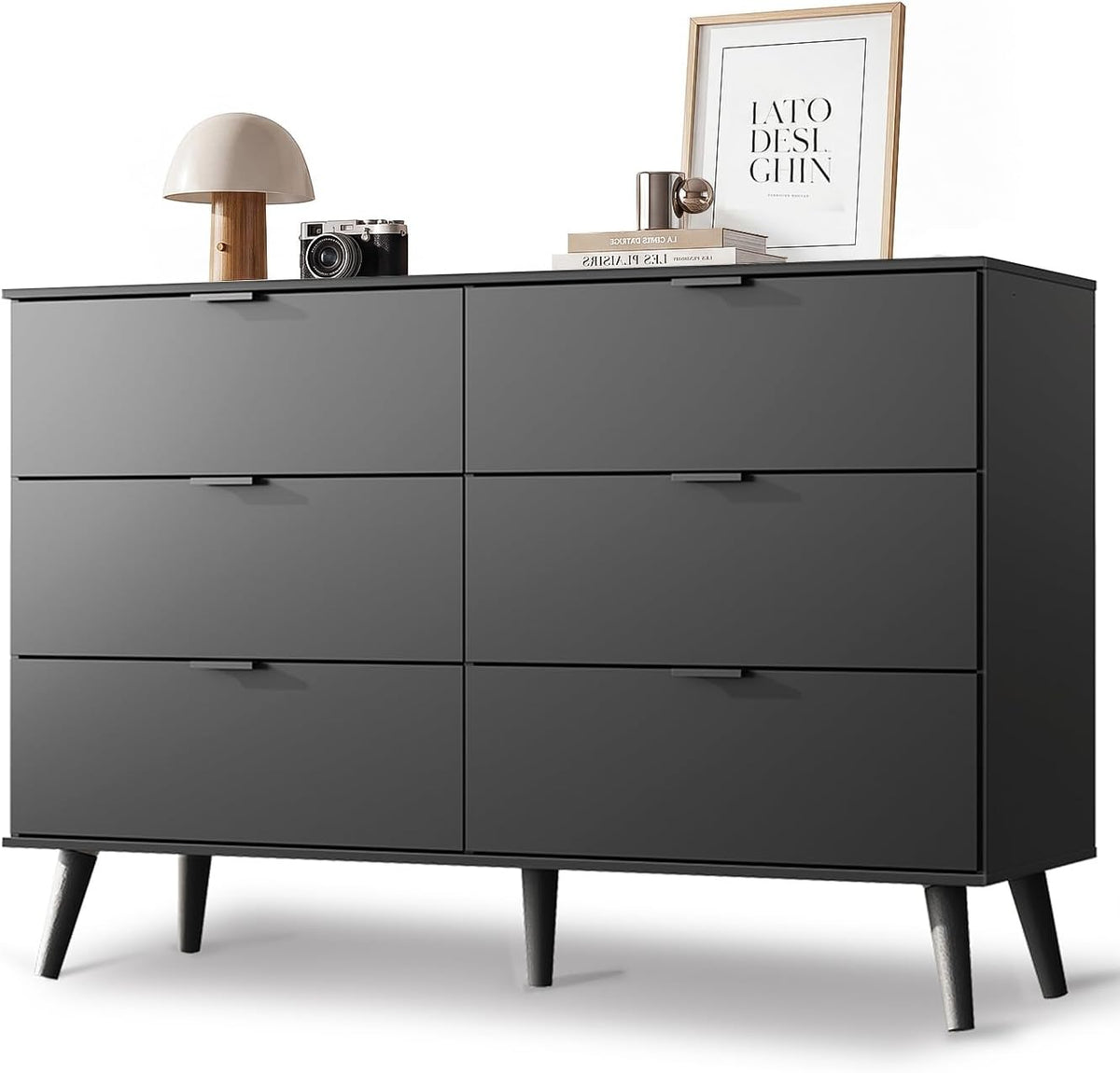 6-Drawer Moden TV Stand | Tall TV Console with Sturdy Metal Handles for Living Room，Black