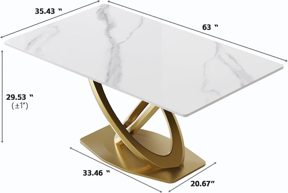Montary Artificial Marble Dining Table, Modern 63”Sintered Stone Dining Table for 4-6 Seat, White Rectangle Dining Room Table with Gold Double-Ring Stainless Steel Base (Only Table)