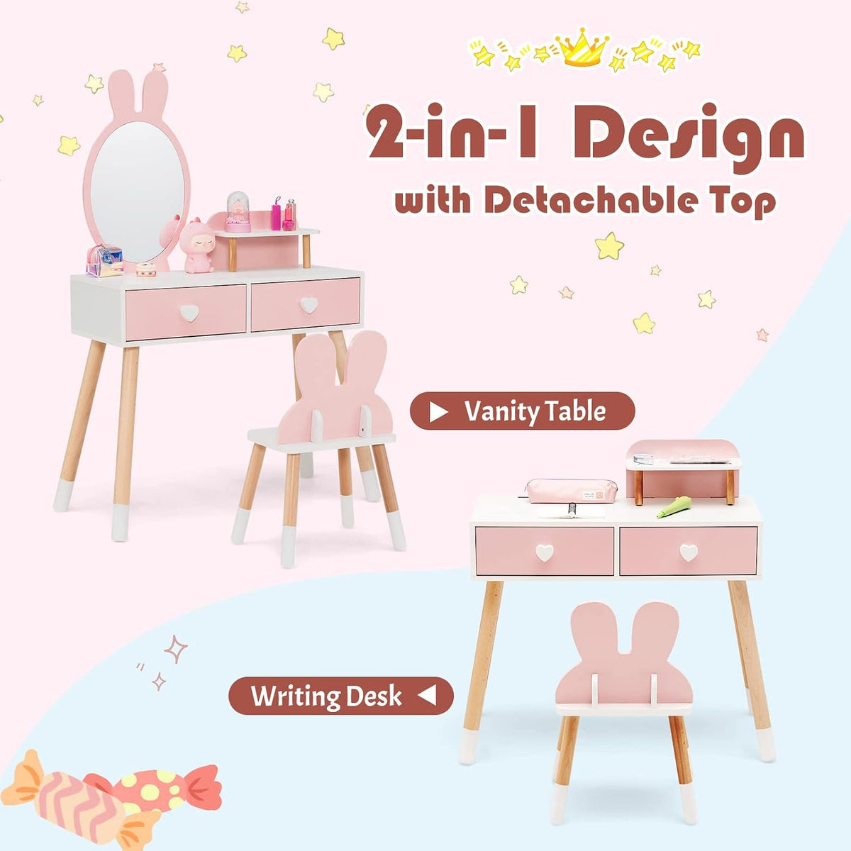 INFANS Kids Vanity Set, 2 in 1 Wooden Princess Makeup Table and Chair with Mirror Storage Drawers Shelf, for Little Girls, Rabbit Themed Toddler Dressing Desk Beauty Play Set Gift