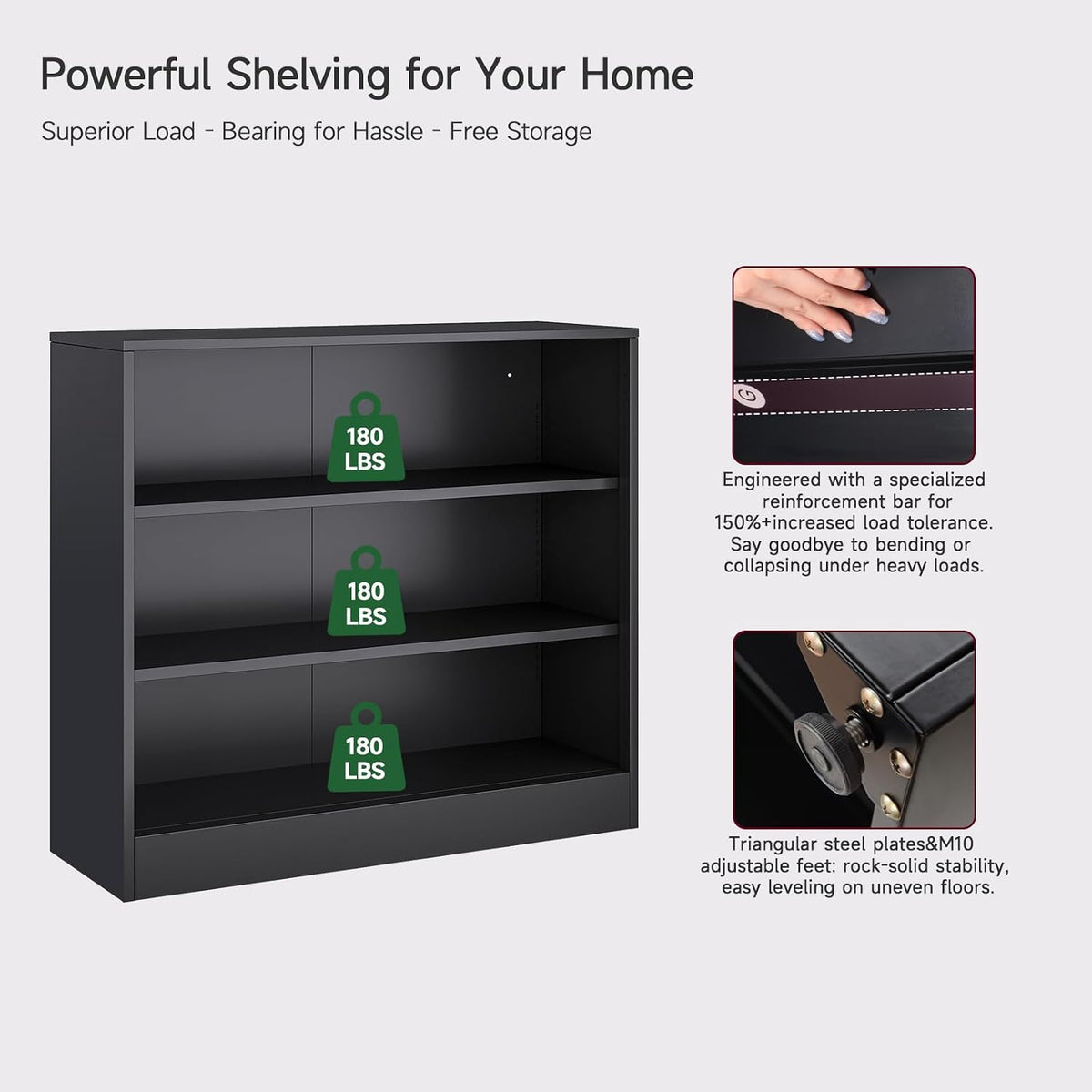 Metal Black Bookshelf, Short Bookshelf with Adjustable Shelves, 3 Tier | Open Bookcase, Small Storage Cabinet, Office Shelves, Cabinet Display Case for Home Office, Living Room, Library, Classroom