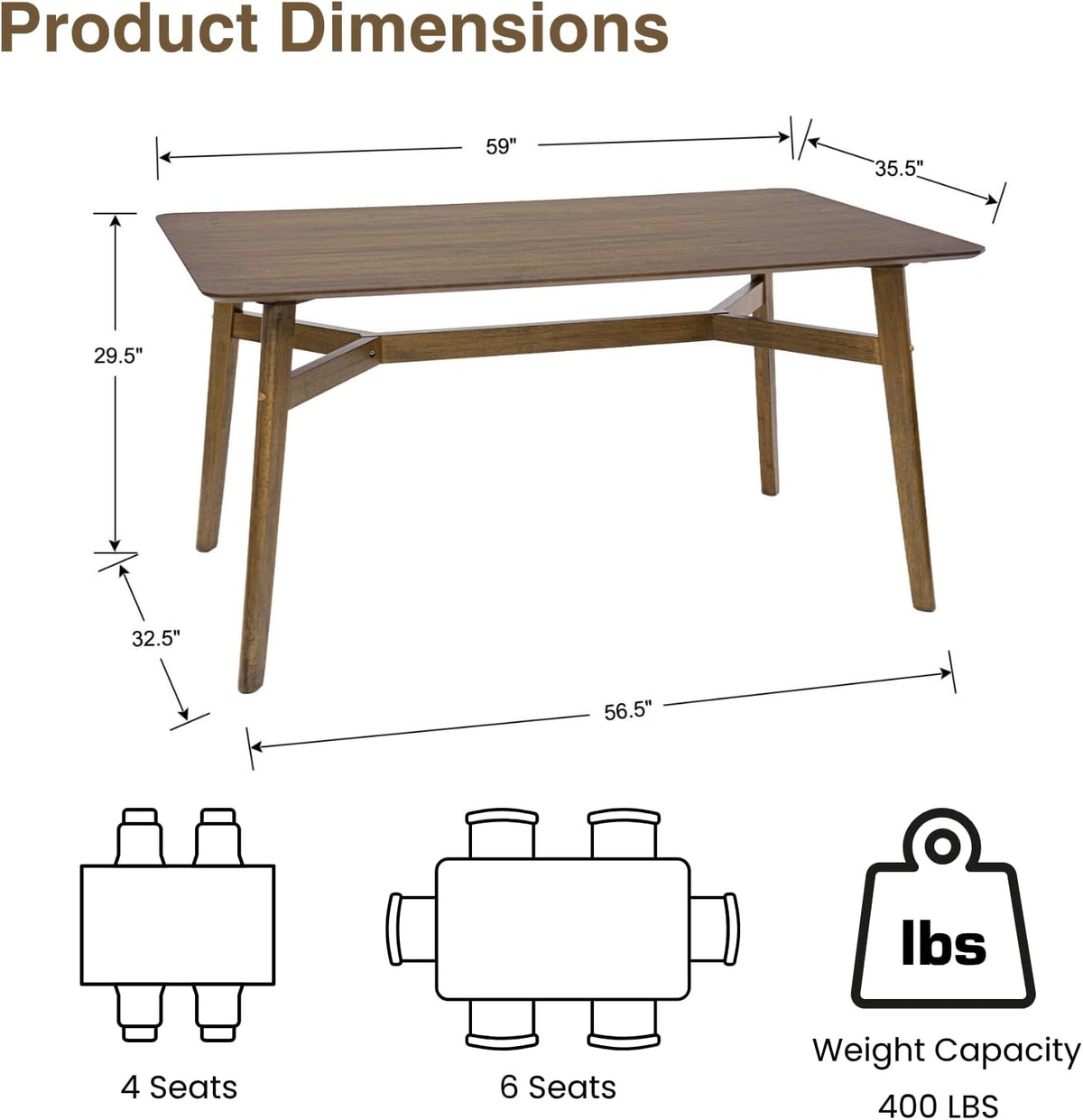 DUOMAY Modern Wooden Dining Table for 4-6 People, 59" Large Rectangular Dinner Table with Wood Legs for Home Dining Room Restaurant Farmhouse Kitchen, Brown