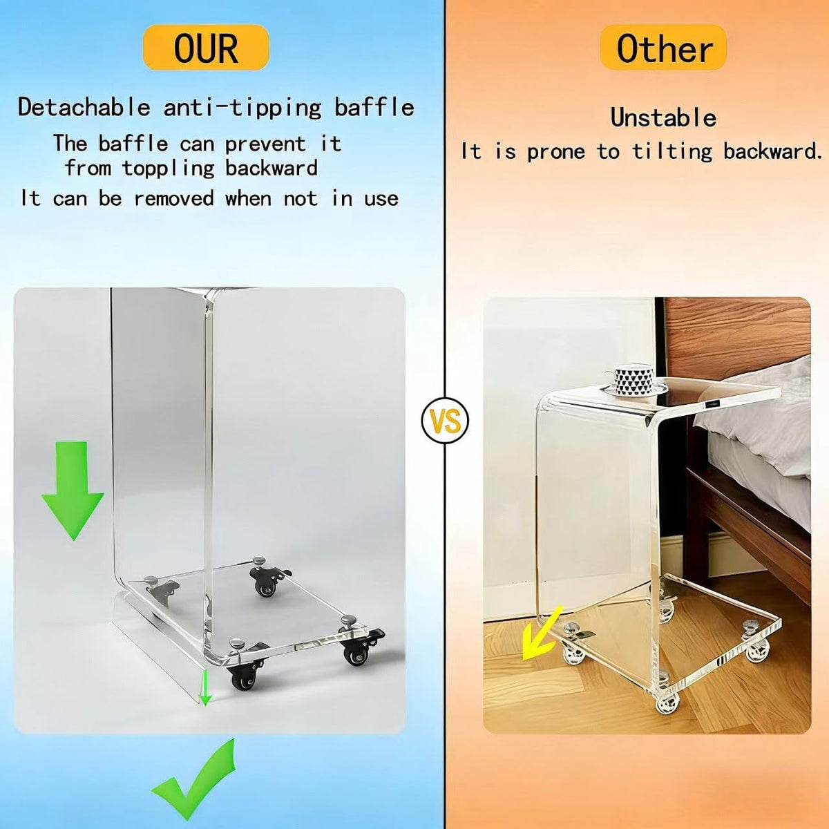 Acrylic Clear Movable End Table -26" h C-Shaped Modern Rolling Bedside/Sofa Side Table, Ideal for Bedroom and Living Room as a Snack Table