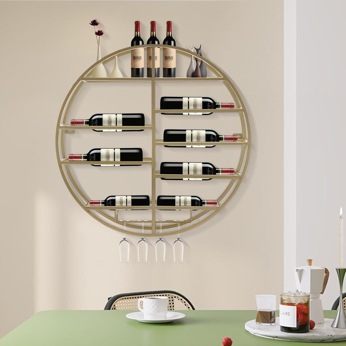 Wall Mounted Wine Rack with Glass Holder, Gold Metal Bottle Holder Round Wine Storage Display Rack for Restaurants Bar Dining Room Kitchen