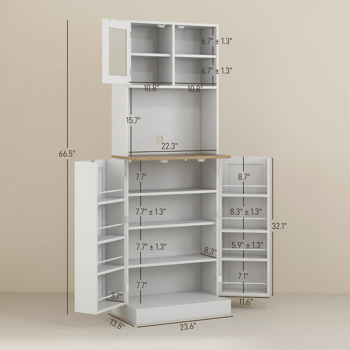 66.5" Pantry Cabinet with Microwave Stand,Freestanding Kitchen Storage Cabinet with Hutch,8 Door Shelves,Adjustable Shelves,for Dining Room,White
