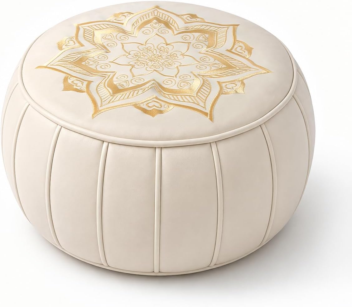 Round Pouf Cover, Premium Leather Ottoman Cover 19in / 48cm, Unstuffed Floor Pouf with Handcrafted Embroidery, Boho Footrest for Living Room, Meditation Cushion, Home Decor (Cream Beige)