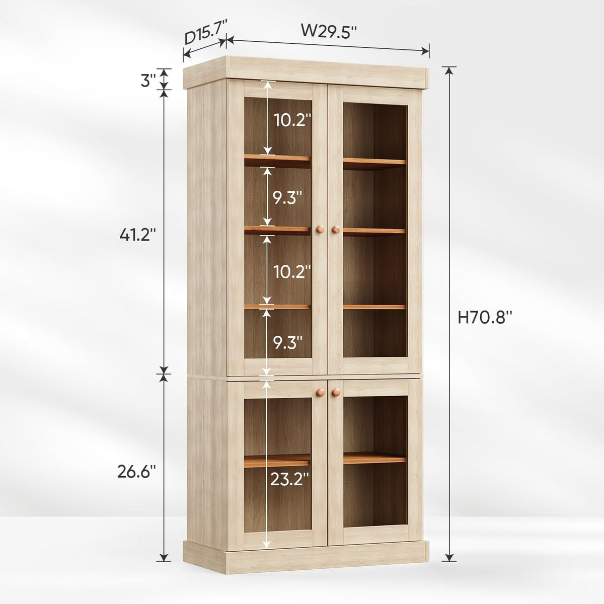 ivaniti 70.8" Tall Farmhouse Bookshelf with Glass Doors, Modular Bookcase with 6-Tier Adjustable Shelves, Large Storage Cabinet for Kitchen, Living Room, Brown, Set of 4
