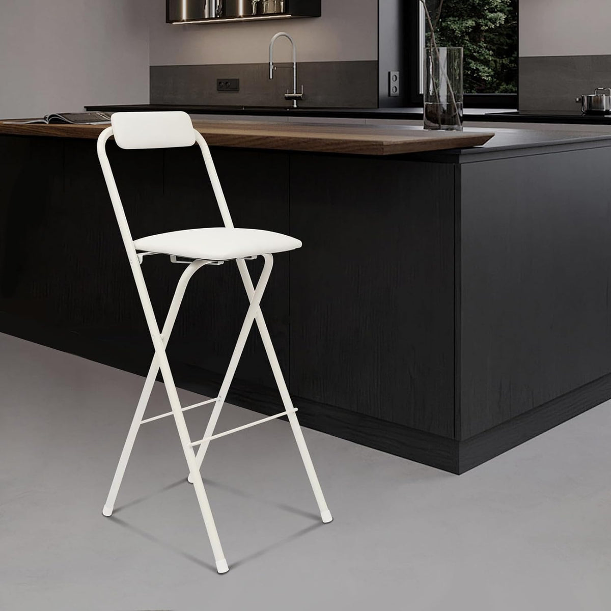 Folding Bar Stool with Backrest, 29 Inch Leather Padded Counter Height Foldable Stool Portable Tall Foldable Chair 275LBS for Gardening Outdoor Kitchen Camping Shop Cafe (White, 1 Pack)