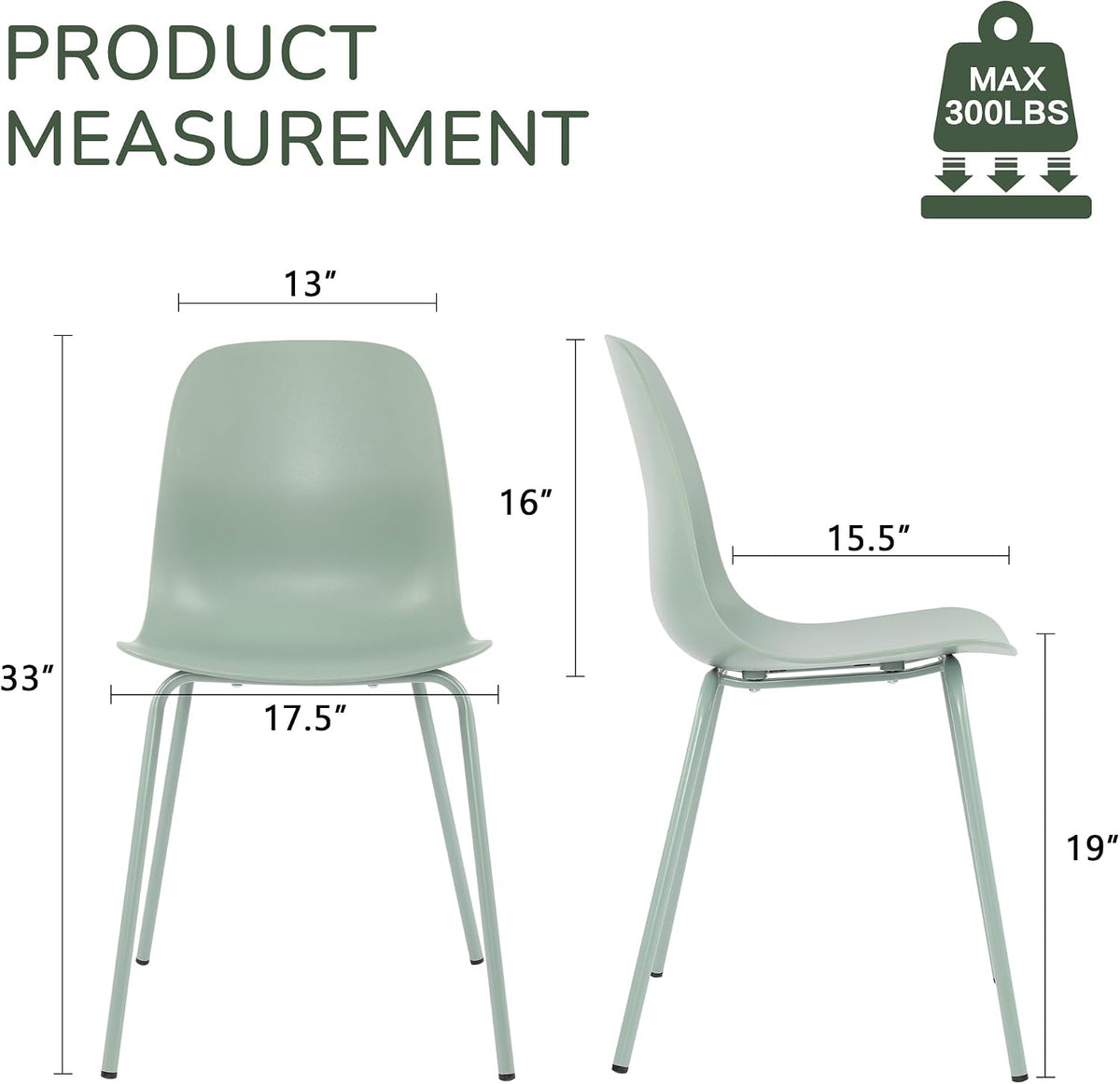 LSSBOUGHT Modern Dining Chairs Set of 4, Mid-Century Plastic Kitchen Chairs with Metal Legs, Comfortable Armless Side Chairs for Dining Room, Kitchen, Living Room & Small Spaces (Green)