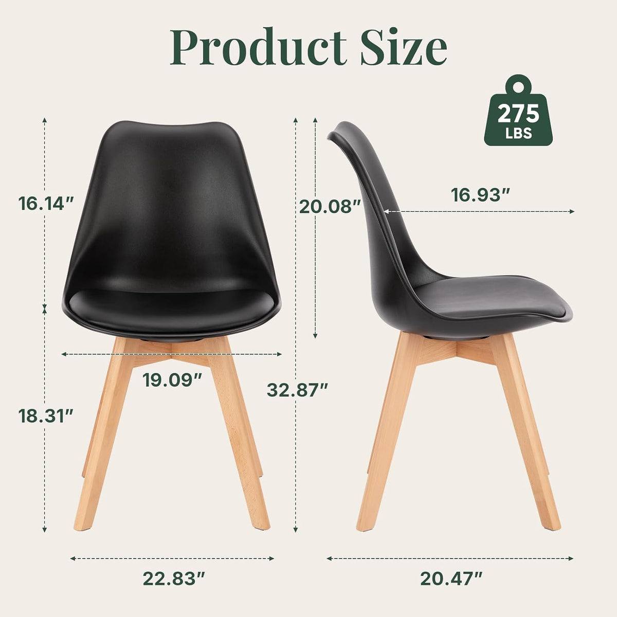 Dining Chairs Set of 8, PU Leather Padded Seat for Living Room | Modern, Upholstered Kitchen Chairs, Thick Cushions, Curved Back, Solid Wood Legs, Apartment, Restaurant, Black