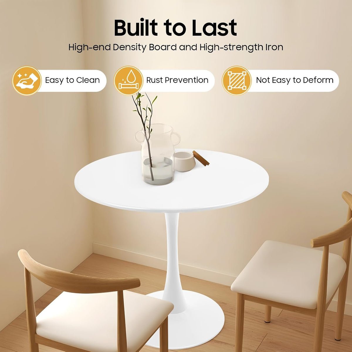 31.5 Inch Round Dining Table for 3 Person, Modern Minimalist Space-Saving Circle Dinner Table with Sturdy Metal Legs, Compact Kitchen & Dining Room Furniture