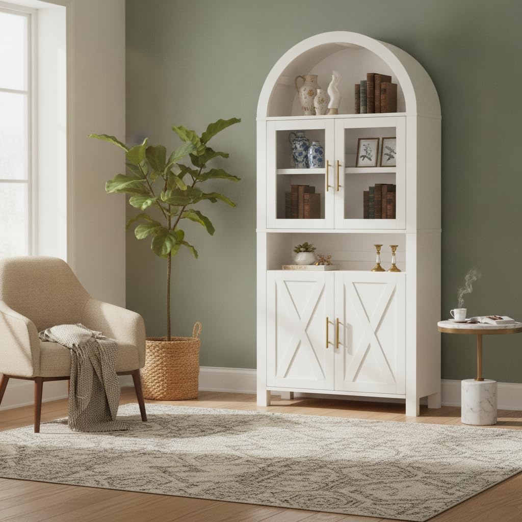 GDFStudio 71" Tall Arched Cabinet with Glass Door & Barn Door Design, Modern Farmhouse Storage Cabinet with Adjustable Shelves - White