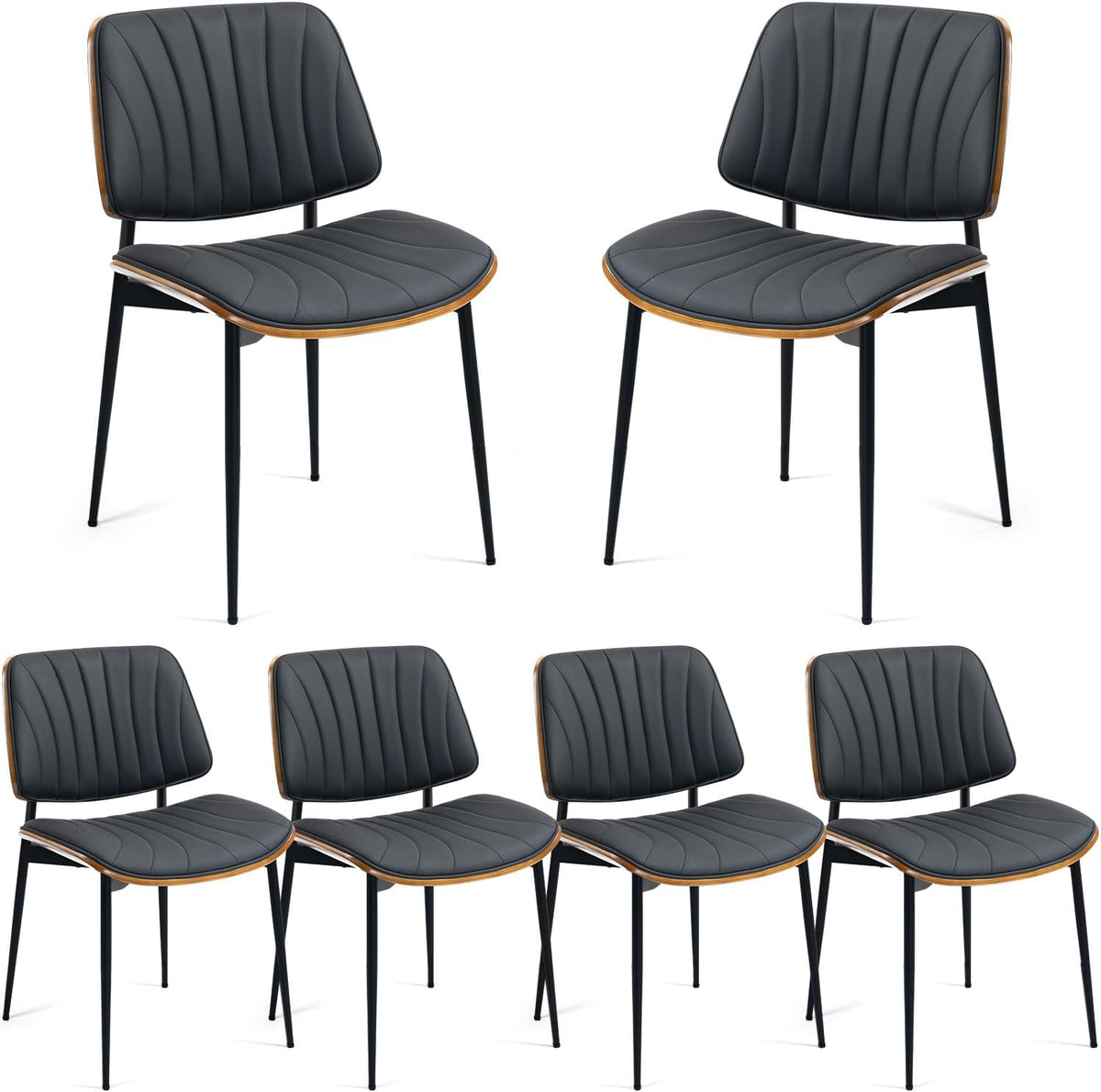 AVAWING Walnut Dining Chairs Set of 6, Mid Century Modern Dining Chairs PU Leather Upholstered Kitchen Chairs with Walnut Bentwood Back & Metal Legs for Dining Room, Kitchen, Living Room, Black