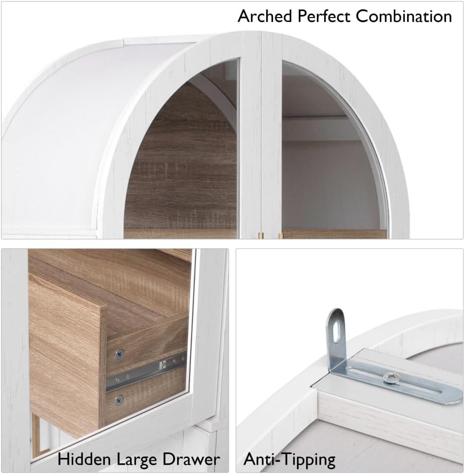 71" Tall Wooden Arched Storage Cabinet, Kitchen Pantry Cabinet with Hidden Drawer & Glass Door for Kitchen, Dining Room, Living Room and Bathroom (White)