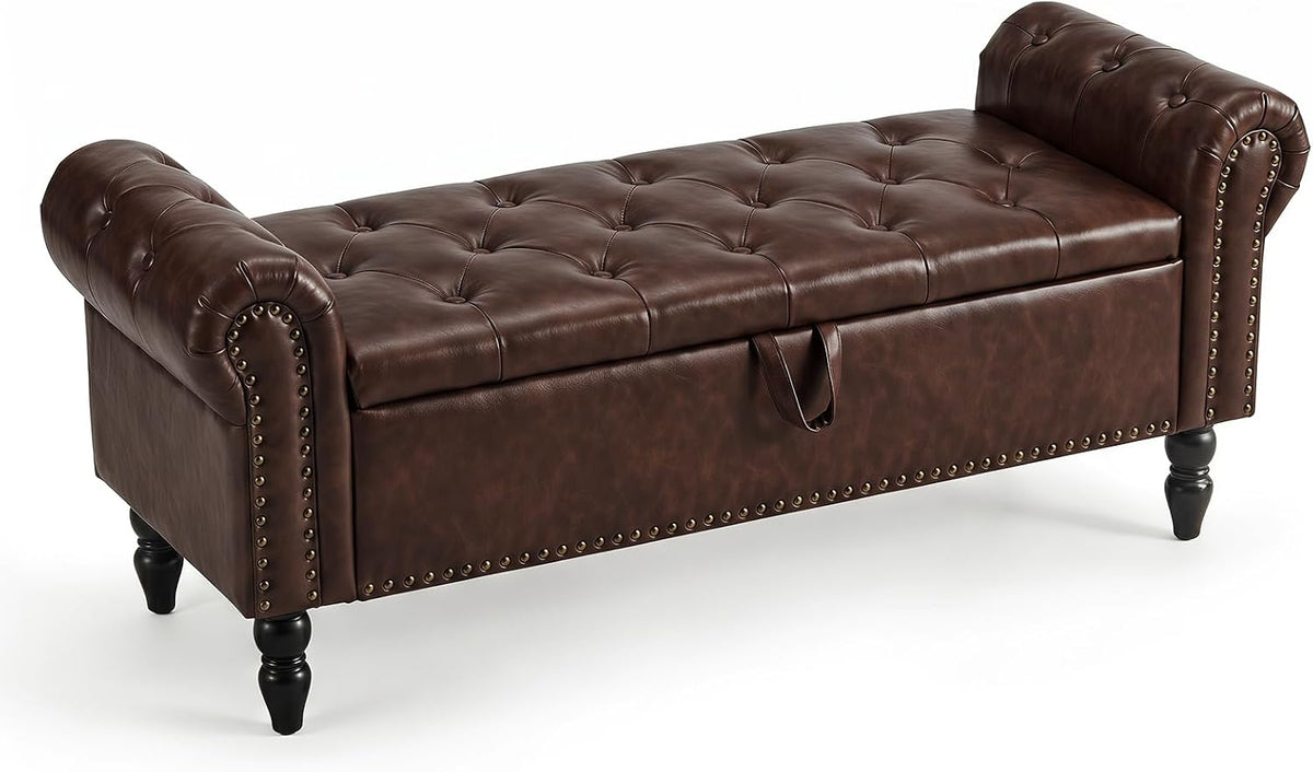 Furniliving 51” End of Bed Storage Bench, Bedroom Bench with Button-Tufted, Upholstered Storage Ottoman Benches Window Bench with Storage, Leather Bench for Living Room, Entryway, PU, BlackBrown