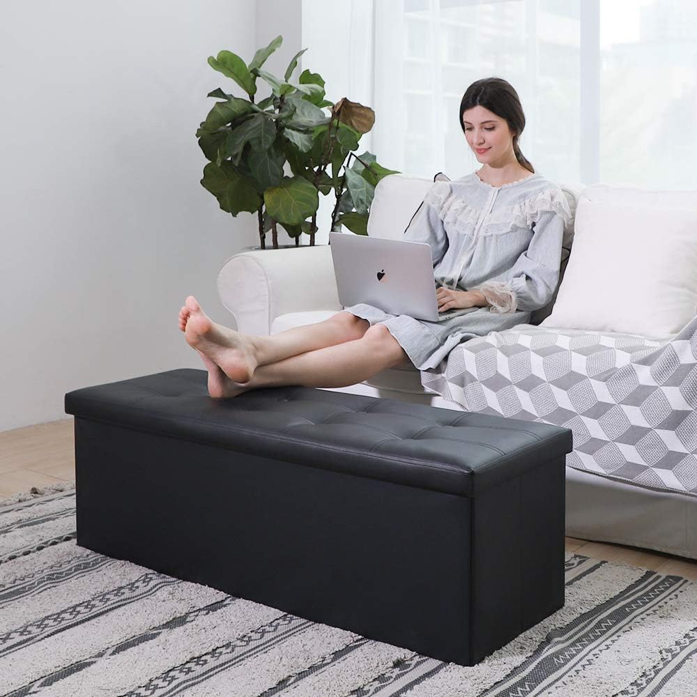 Camabel 43 Inch Folding Storage Ottoman Bench 125L Hold up 700lbs Ottoman with Storage Chest Foam Seat Padded Foot Rest Stool Faux Leather Bedroom Bench with Storage Coffee Table Black