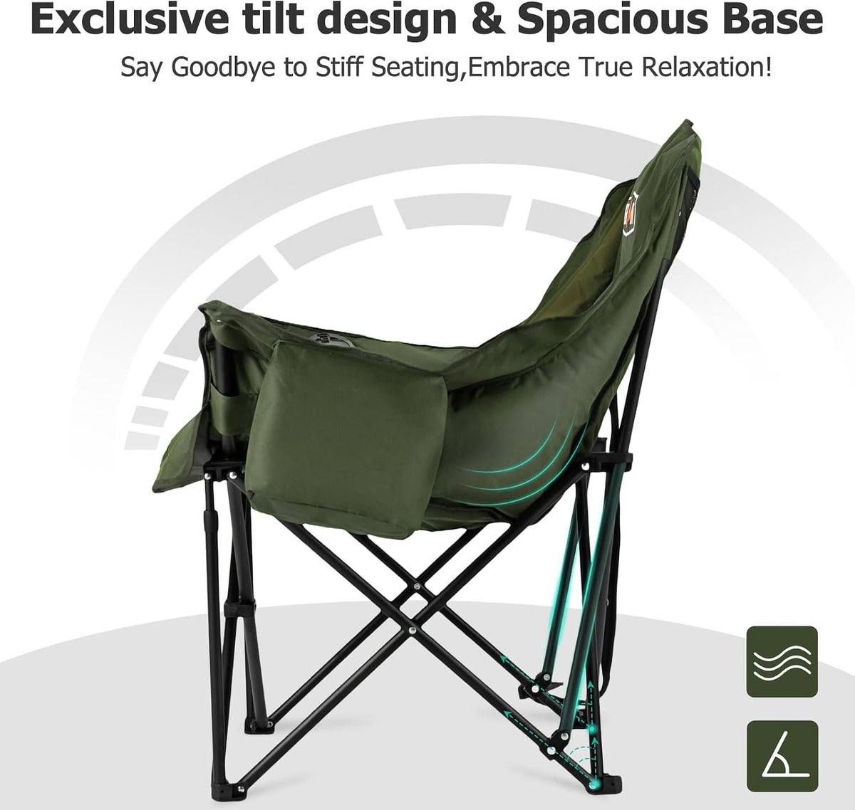 Overmont Oversized XL Camping Chair for Adults - 500lbs Support Heavy-Duty Padded Folding Chair with Side Pocket Cup Holder Cooling Bag for Outdoor Sports Garden Beach Fishing Lawn Green