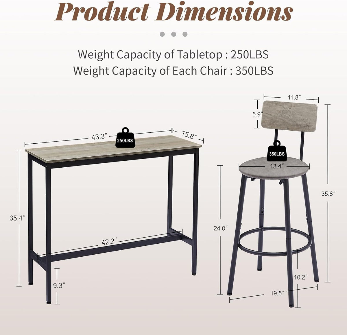 43.31" Bar Table Set for 2, Counter Height Dining Table with PU Upholstered Bar Stools and Backrests, Space-Saving Small Kitchen Table for Breakfast Nook,Grey