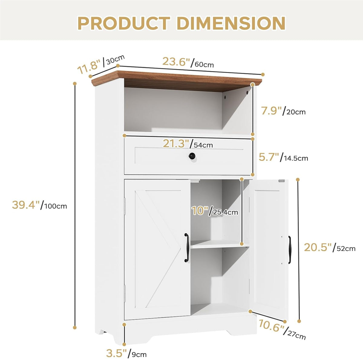 Floor Cabinet, Farmhouse Storage Cabinet with Barn Doors and Drawer, 11.81" D x 23.62" W x 39.37" H White Freestanding Adjustable Shelf Organizer for Bathroom, Kitchen, Living Room