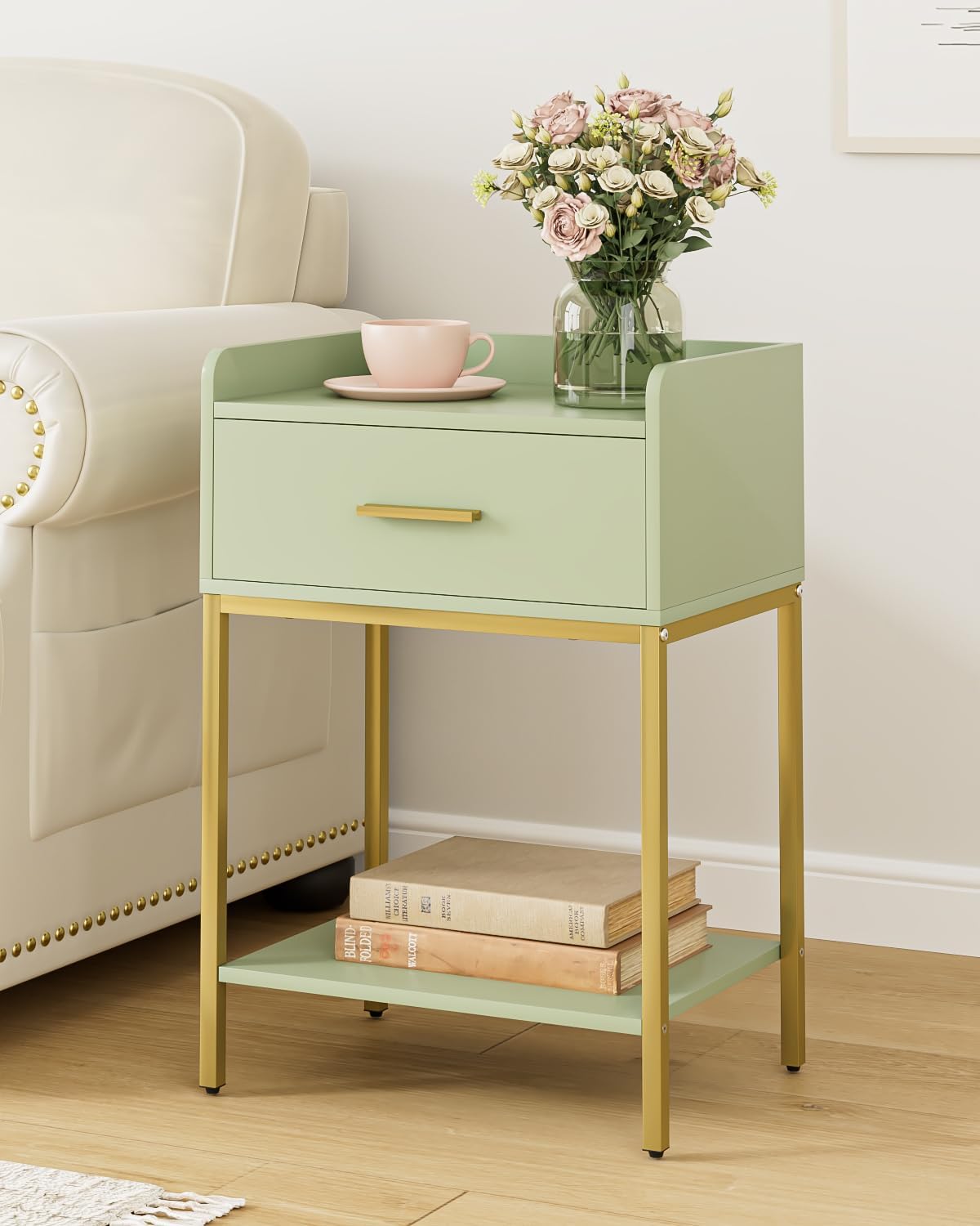 Nightstand,Modern Bedside Table Night Stand with Storage Drawer and Open Shelf,Small End Side Table for Bedroom,Living Room,Green