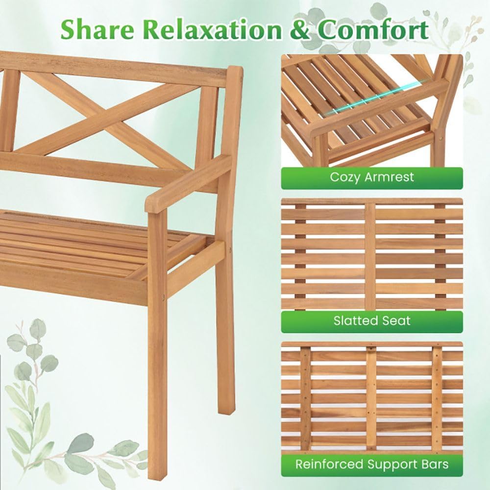 2-Person Acacia Wood Patio Chair Armrests Backrest 44in Seat Width 800lb Capacity for Backyard
