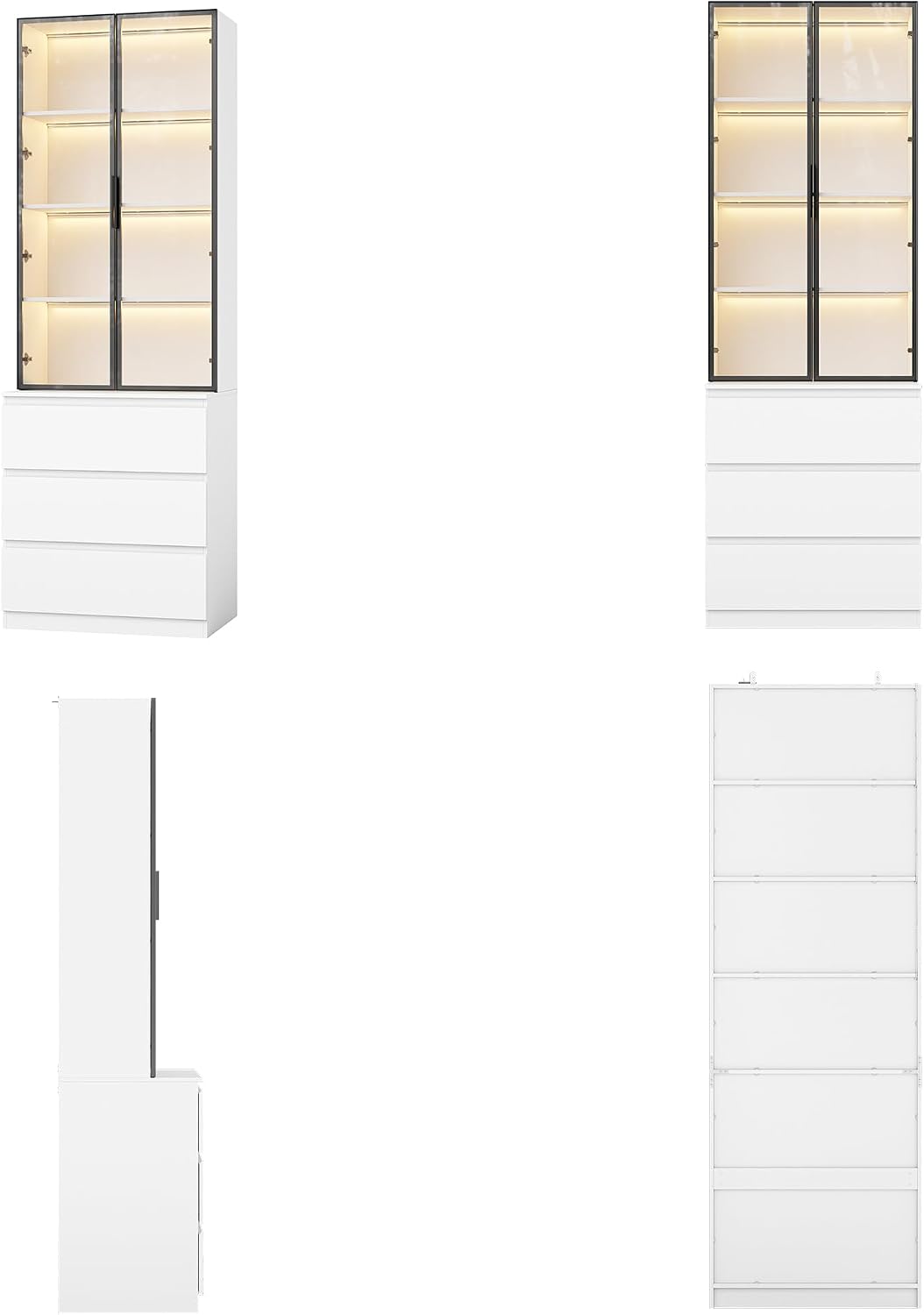 Homsee 92.5" H Lighted Kitchen Pantry Cabinet with 3 Drawers & Glass Doors, Kitchen Cupboard w/3-Color LED Lights & 4-Tier Display Shelves, Modern Storage Cabinet w/Countertop, 31.5" W Cream White