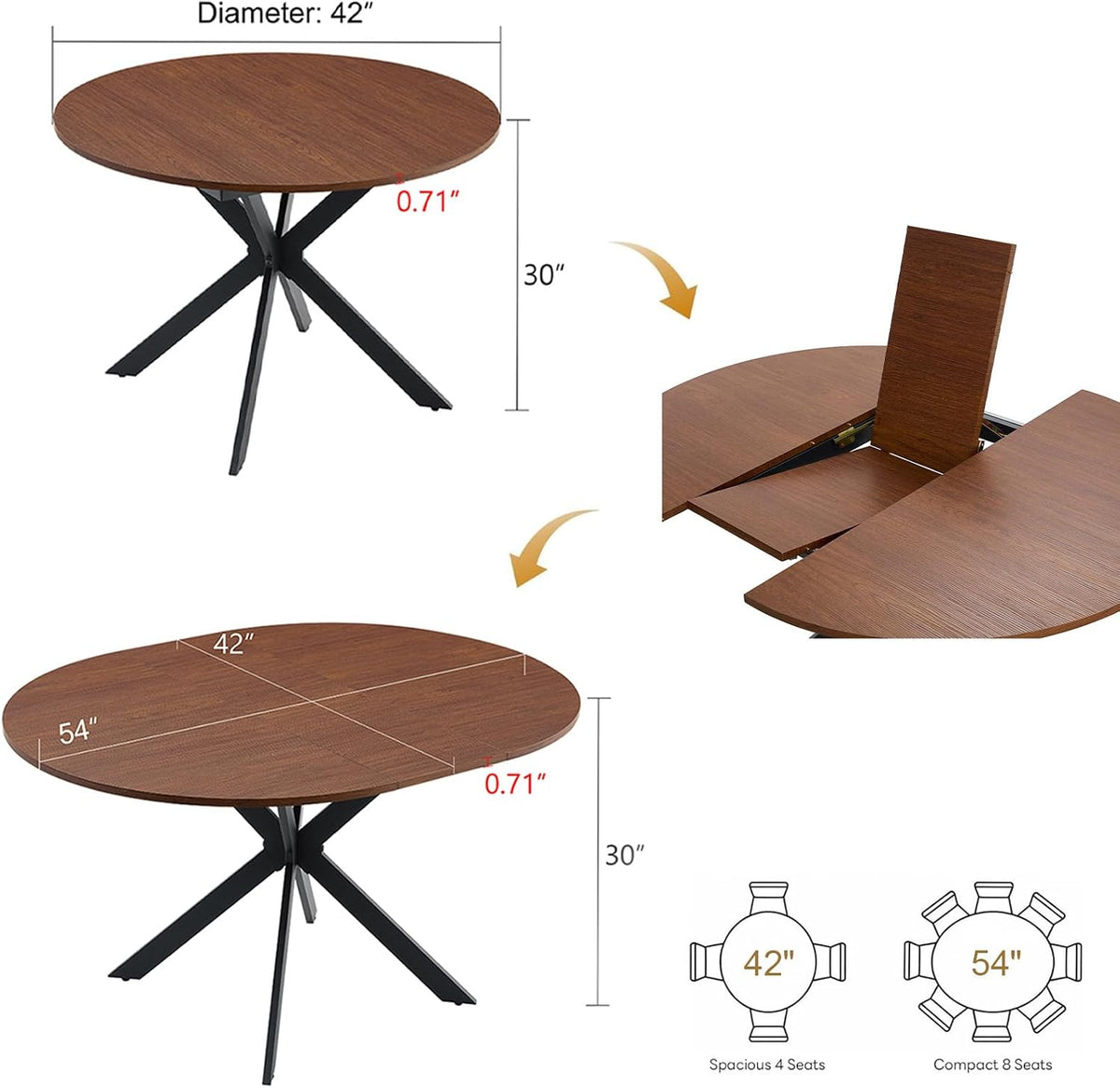 mikibama 54" Extendable Round Dining Table for 4-6, Modern Oval Kitchen Table with Metal Legs & Faux Wood Grain Top, Space Saving Expandable Dining Room Table for Small Space, Easy Assembly, Walnut