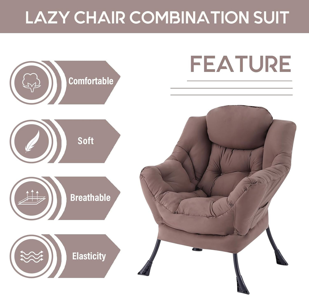 LITA Lazy Chair with Armrests and Side Pocket, Modern Upholstered Accent Reading Chair for Living Room, Bedroom, Dorm, Small Spaces, Single Dark Brown