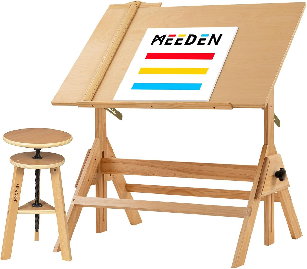 MEEDEN Wood Drafting Table & Stool: 35.5" x 23.5" Art Desk and Stool Set | Artist Drawing Chair and Craft Table with Adjustable Height,Tiltable Tabletop for Artwork, Graphic Design, Reading, Writing