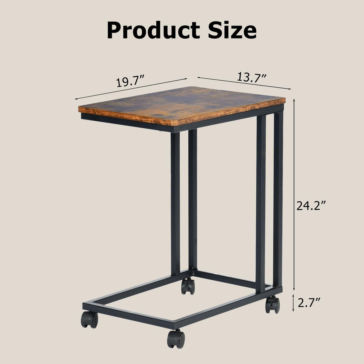 FurnitureR End Table C Shaped, Snack Side Table with Rolling Wheels for Sofa Couch and Bed, Portable, Easy Assembly, Metal Frame, Rustic Brown