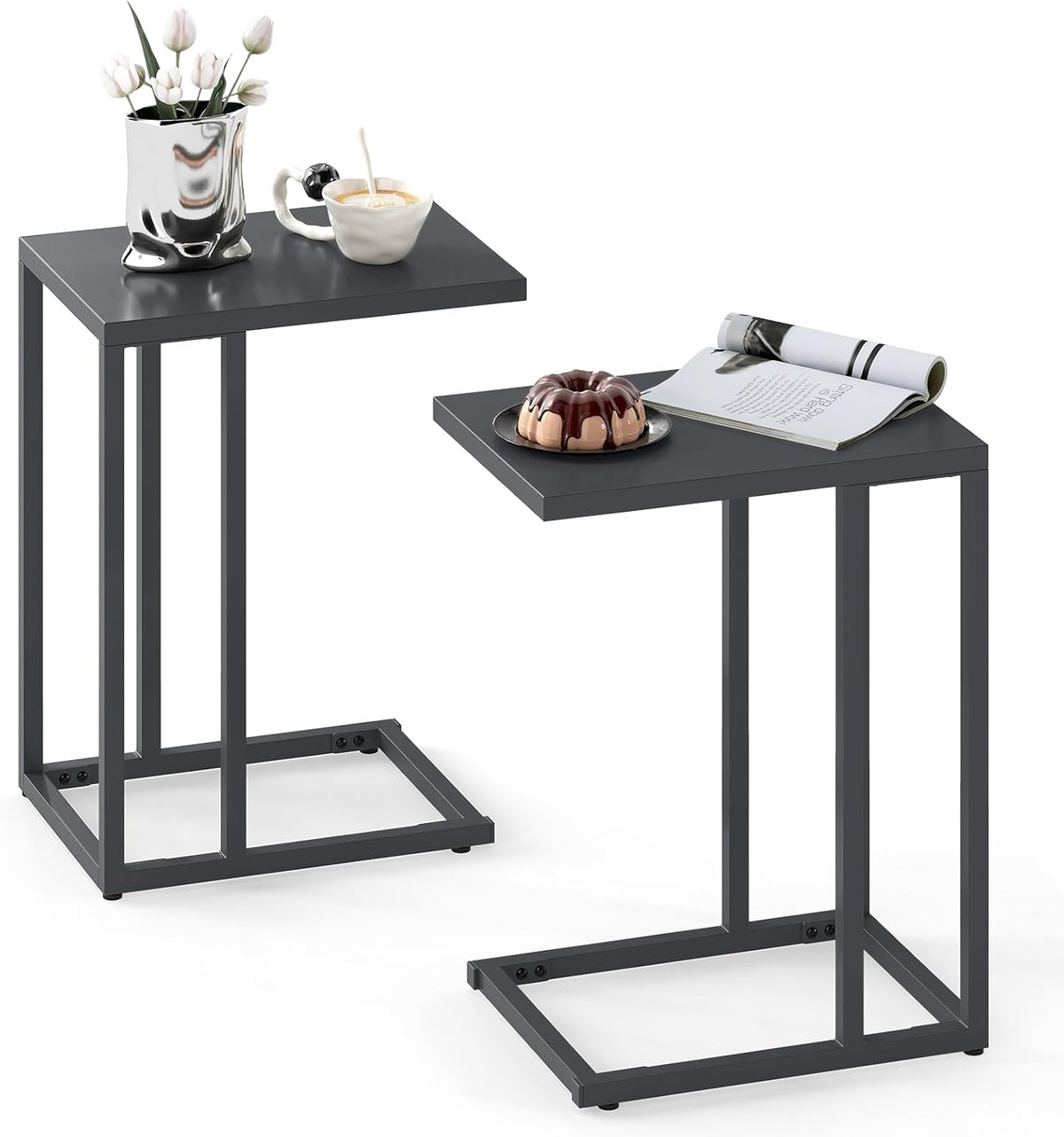 Tangkula C-Shaped End Table, Modern Small TV Tray with Metal Frame, Adjustable Foot Pads, Industrial Couch Sofa Side Table for Living Room Bedroom Office (2, Dark Gray)
