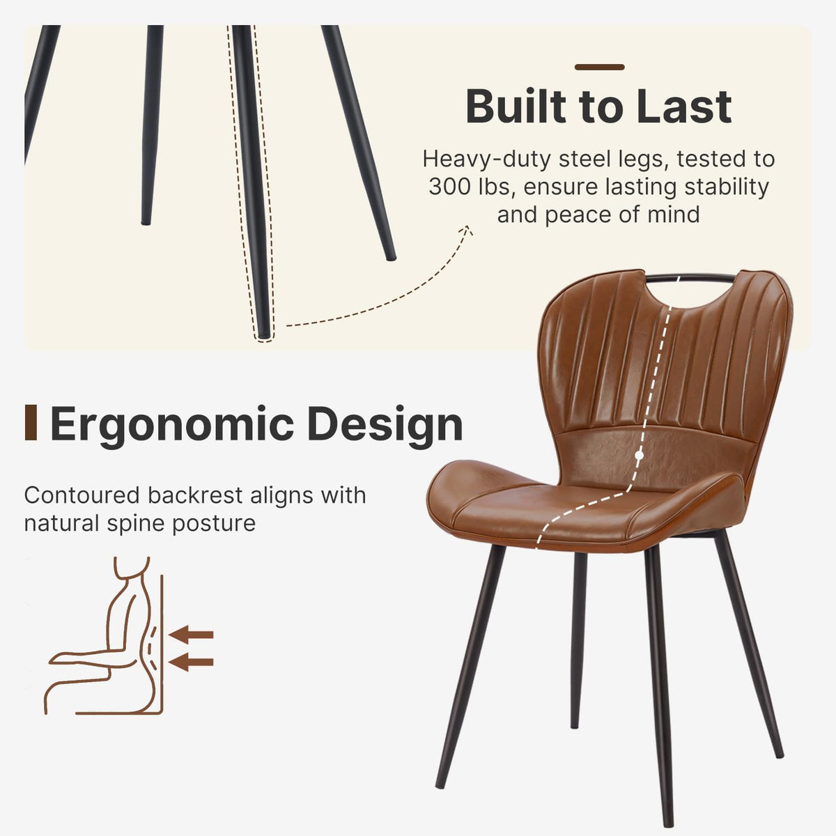 Modern Dining Chair, Faux Leather with Metal Legs for Kitchen (1PCS, Brown) | Easy to Clean Faux Leather, Ergonomic Back Support, 300 lbs Capacity, Minimalist for Kitchen, Dining Room, Restaurant, Cafe
