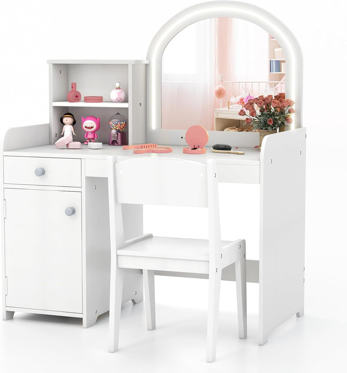 GLACER Kids Vanity, 2-in-1 Wooden Makeup Desk with LED Lighted Mirror, Drawer & Cabinet, Storage Shelves, Princess Dressing Table, Kids Vanity Table and Chair Set for Little Girls Ages 3+ (White)