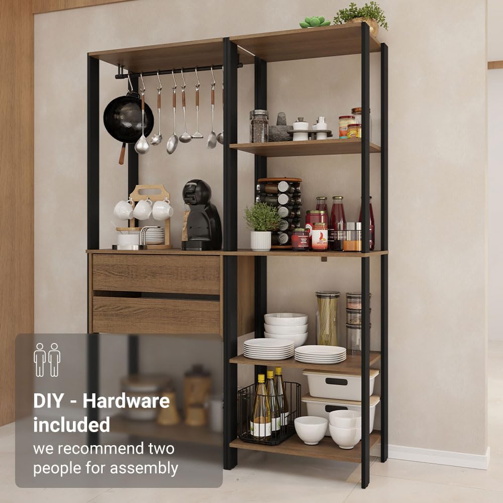 Madesa Kitchen Pantry Storage Rack with 2 Drawers, 7 Shelves and Hanging Space 51" L Multiuse Modular Cabinet for Kitchen Organization - Black/Brown