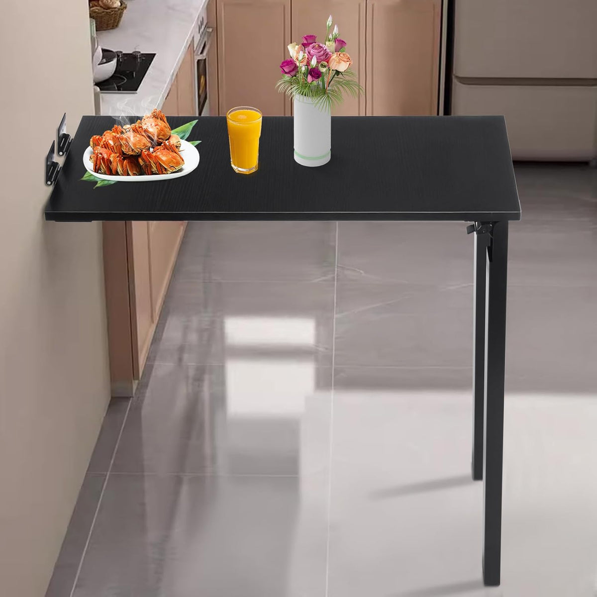 Wall Mounted Folding Table, Solid Wood Multi-Layer Fold Down Desk 132lbs Load-Bearing, Space-Saving for Kitchen, Home Office & Small Spaces (Black)