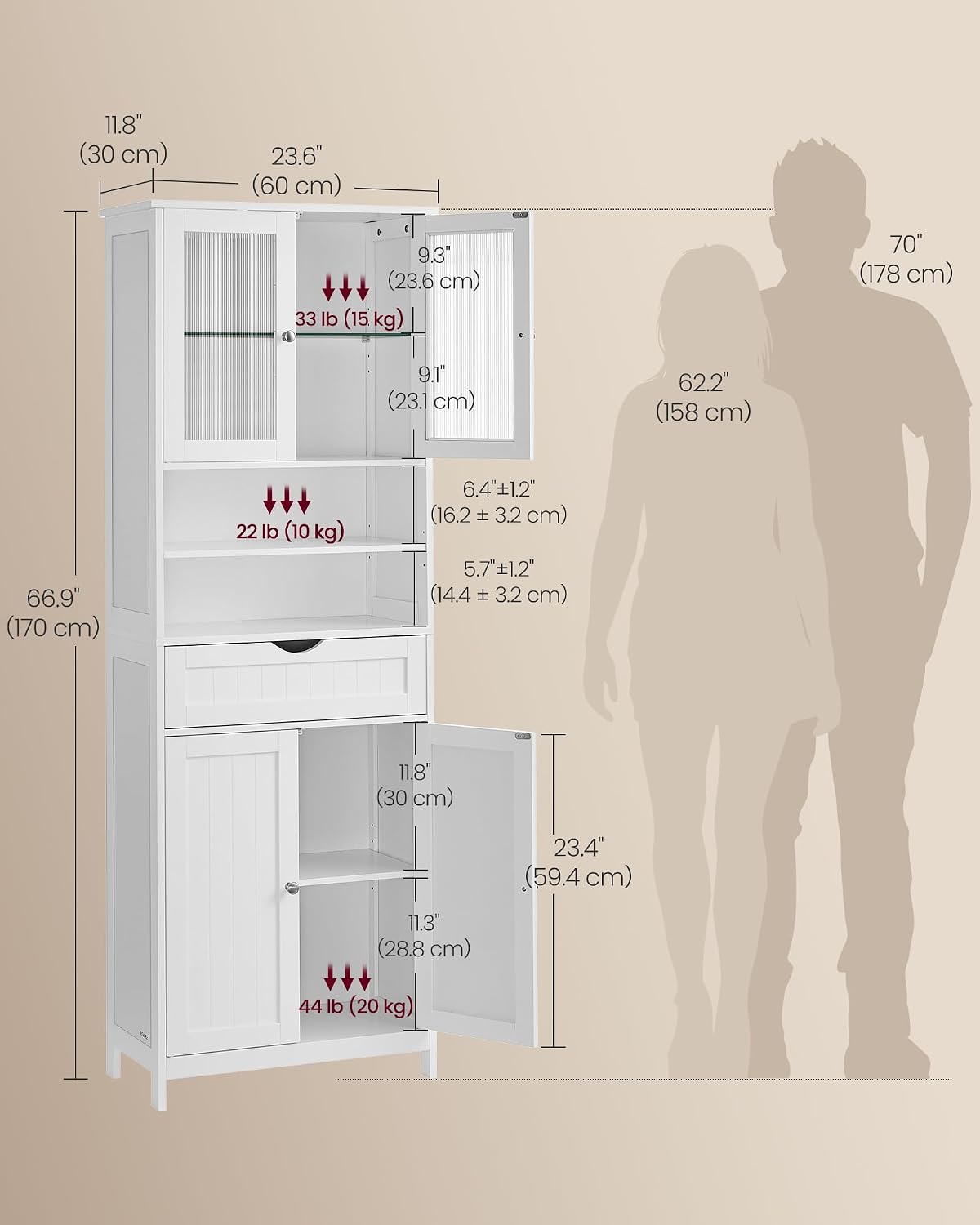 VASAGLE Storage Cabinet with LED Lights, Freestanding Storage Unit with Adjustable Shelves, Drawer, Open Compartments, for Bathroom, Living Room, Kitchen, Cloud White UBBC767WH01S