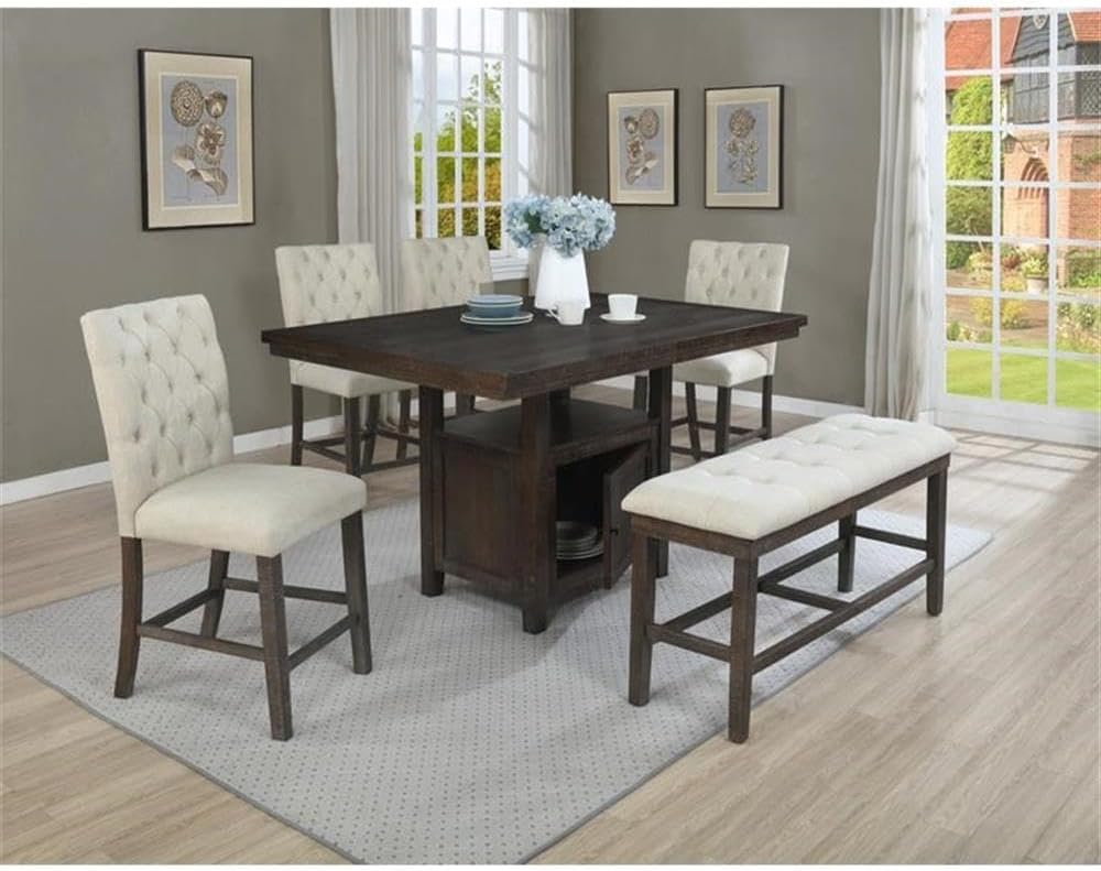 MAKLAINE Upholstered Counter Height Dining Bench, Beige Linen Fabric, Tufted Seat, Rustic Dark Oak Wood Base, 48" L x 16" W x 24" H, Sturdy Kitchen Seating for 2 People