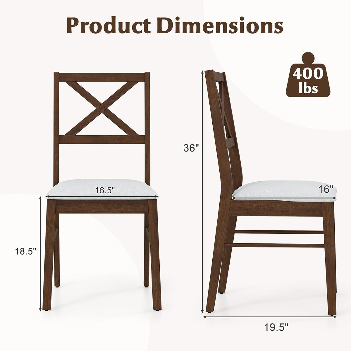 COSTWAY Wood Dining Chairs Set of 2, Upholstered Farmhouse Modern Dining Room Chairs with Backrest and 400LBS Capacity for Kitchen (Brown)