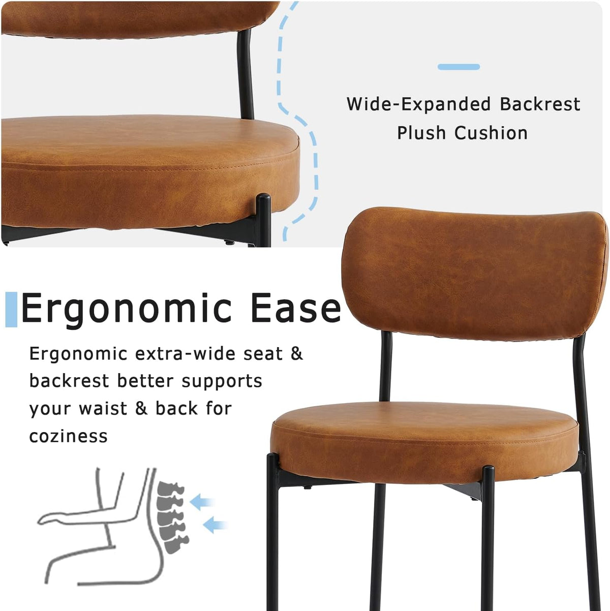 Brown Dining Chairs Set of 8 with Curved Back, Leather Dining Chairs with PU Soft Cushion Seat & Metal Legs, Comfortable Modern Chair for Kitchen, Living Room