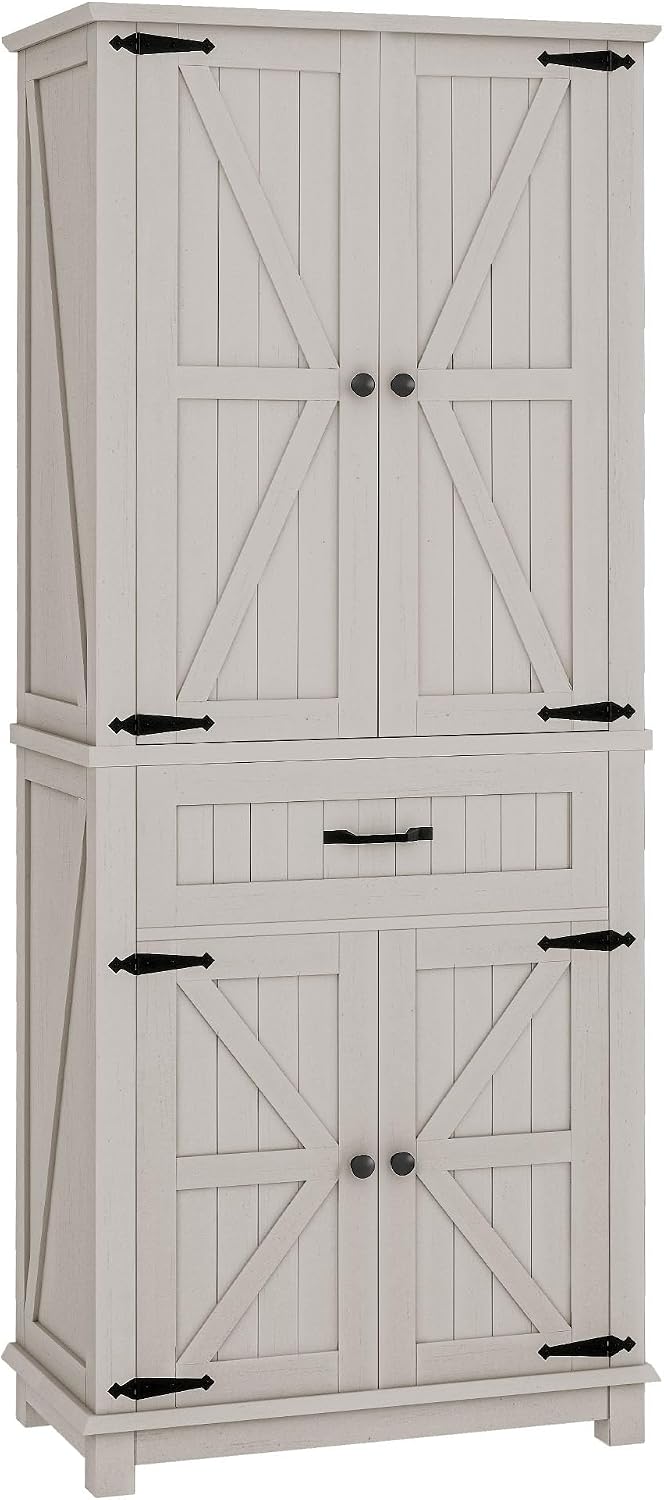 DWVO 72" Tall Farmhouse Pantry Cabinet, Kitchen Storage Pantry with Barn Doors & Drawer, Versatile Organizer with Adjustable Shelves, Rustic Cupboard for Dining Room, Living Room, White Oak | Tall Farmhouse Kitchen Pantry Cabinet, Kitchen Cupboard