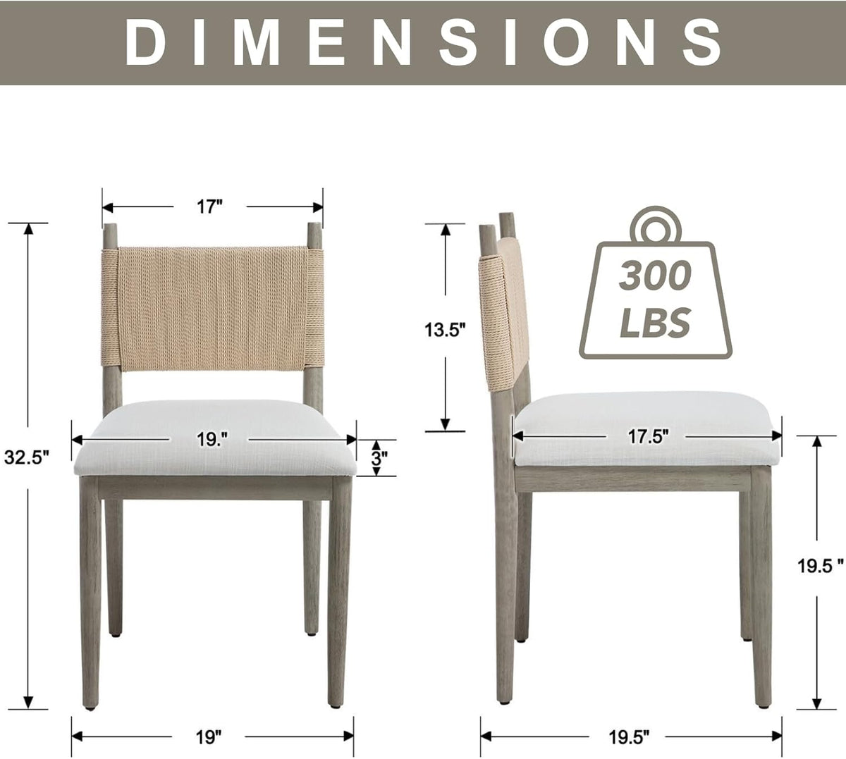 chairus Boho Coastal Dining Chairs Set of 2, Linen Upholstered Dining Room Chairs with Woven Rope Back, Modern Farmhouse Kitchen Side Chairs, Weathered Gray Wood