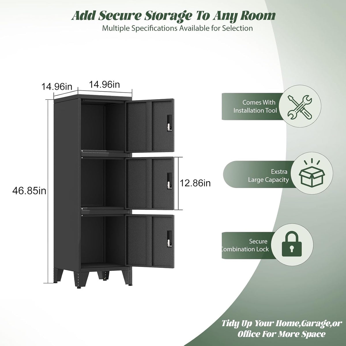Metal Lockers for Employees-3 Doors Storage Locker with Shelves and Lockable Steel Cabinet for School,Gym,Office,Staff,Assembly Required,Black