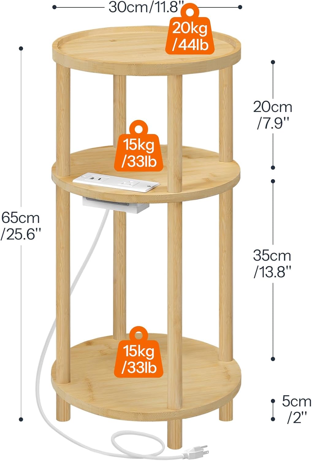 HOOBRO Small Round Side Table with Charging Station, 3-Tier Round Bamboo End Table, Compact Sofa Bedside Table for Small Space, Easy Assembly, for Living Room, Bedroom, Apartment, Natural YL152UBZ01