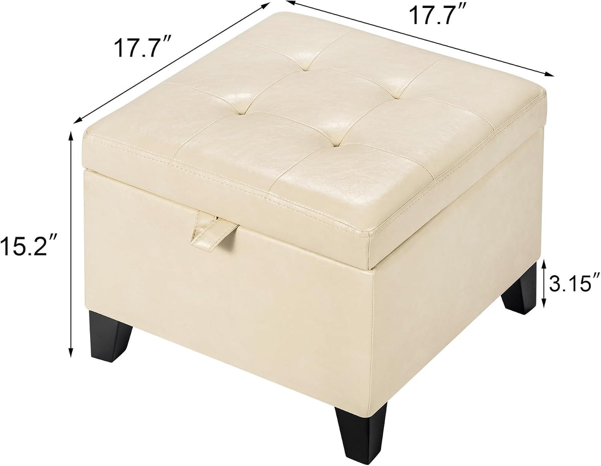 Asense 17 Inch Storage Ottoman Foot Rest,Square Faux Leather Foot Stool,Small Ottoman with Storage,Padded Seat for Entryway,Living Room,Bedroom,Couch,Under Desk,Beige