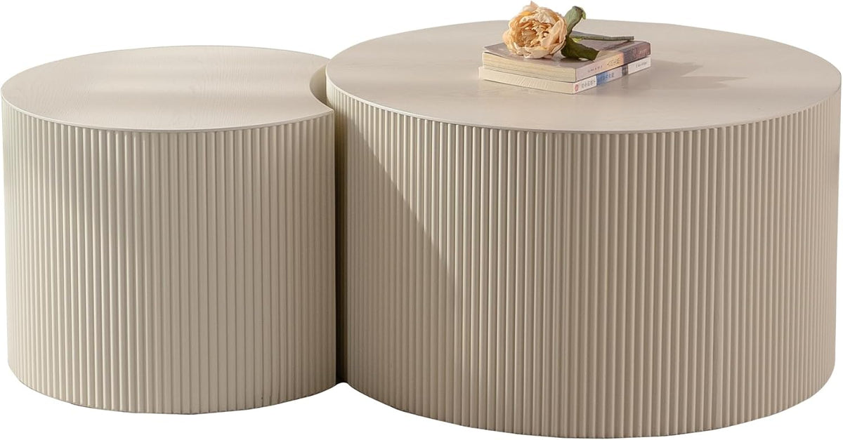 Nesting Coffee Table Set of 2, Round & Crescent Moon Wood Coffee Table and End Table Sets, Modern Luxury Accent Center Tea Table for Living Room Bedroom, （Beige + Cream, 18.9" & 14.96"
